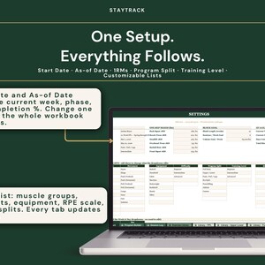May include: A laptop displaying a spreadsheet with the text "One Setup. Everything Follows." The screen shows data fields for workout tracking, including muscle groups, movements, and program splits. Text bubbles explain features like date tracking and list editing.