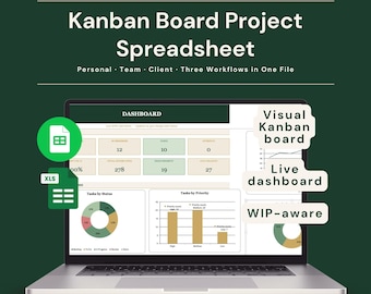 Foglio di calcolo per la bacheca Kanban / Strumento di monitoraggio visivo delle attività con pianificatore di sprint e dashboard / Excel + Fogli Google