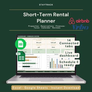 Può includere: Un laptop mostra un'interfaccia "Short-Term Rental Planner". Lo schermo mostra tabelle di dati, grafici e il testo "14 schede collegate", "Dashboard live" e "Schedule E ready". I loghi di Airbnb e Vrbo sono visibili.