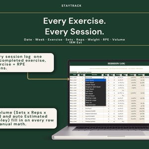 May include: A laptop displaying a session log with exercise data. The screen shows a spreadsheet with columns for date, week, exercise, sets, reps, weight, RPE, and volume. Text on the screen reads "Every Exercise. Every Session."