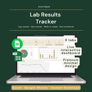 May include: A laptop displays a "Lab Results Tracker" interface with charts and data. The screen shows "8 tabs", a "Live interactive dashboard", and a "Premium minimal design". The image includes the text "Excel Google Sheets Instant Download".
