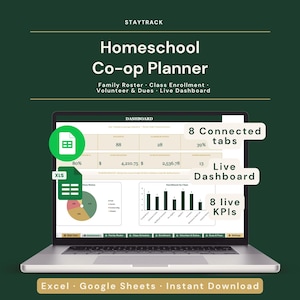Homeschool Co-op Planer Tabelle, Familienplaner, Klasseneinschulung, Volunteer & Gebühren-Tracker, Excel + Google Sheets