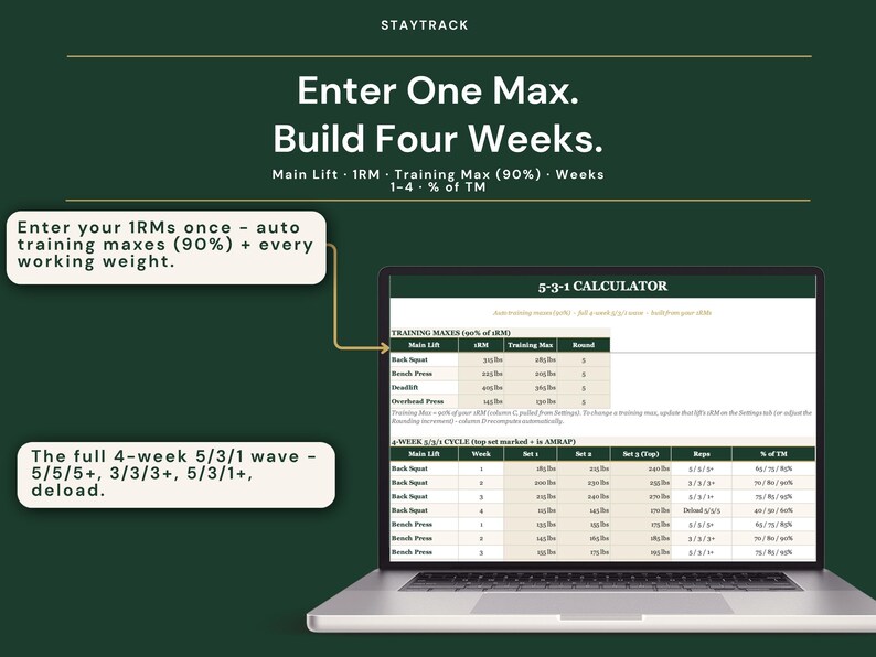Workout Program Library Spreadsheet | Push Pull Legs, 5-3-1 & Upper Lower Split | Excel + Google Sheets Gym Tracker with 1RM + PR Board image 5