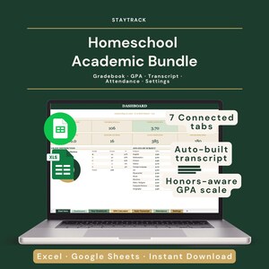 Homeschool Gradebook Spreadsheet, GPA-Rechner, Auto Transkript, Anwesenheit, K-12 Multi-Student Excel & Google Sheets