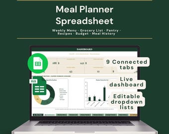 Foglio di calcolo per la pianificazione dei pasti / Menù settimanale + Lista della spesa + Dispensa + Ricette + Budget / Excel e Fogli Google