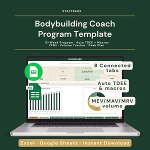 Hoja de cálculo para programa de culturismo / Planificador de entrenamiento de hipertrofia de 12 semanas, macronutrientes TDEE, FFMI + seguimiento de volumen / Excel + Google Sheets