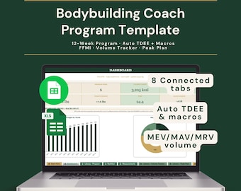 Bodybuilding Program Spreadsheet | 12-Week Hypertrophy Workout Planner, TDEE Macros, FFMI + Volume Tracker | Excel + Google Sheets