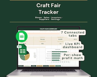 Foglio di calcolo per il monitoraggio delle fiere dell'artigianato / Registro delle vendite degli stand dei venditori, inventario e profitto per fiera / Excel + Fogli Google