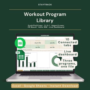 Feuille de calcul de la bibliothèque de programmes d'entraînement | Pattes push-pull, 5-3-1 et fente supérieure inférieure | Excel + Google Sheets Gym Tracker avec 1RM + tableau de relations publiques