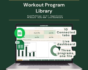 Libreria di programmi di allenamento in formato foglio di calcolo / Push Pull Legs, 5-3-1 e Upper Lower Split / Tracker per la palestra in Excel + Google Sheets con 1RM + PR Board