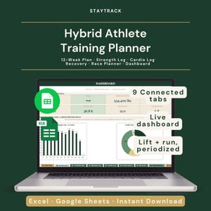 May include: A laptop displays a "Hybrid Athlete Training Planner" with a green and white interface. The planner includes a 12-week plan, strength and cardio logs, and a race planner. Features include a live dashboard, 9 connected tabs, and lift + run periodization.