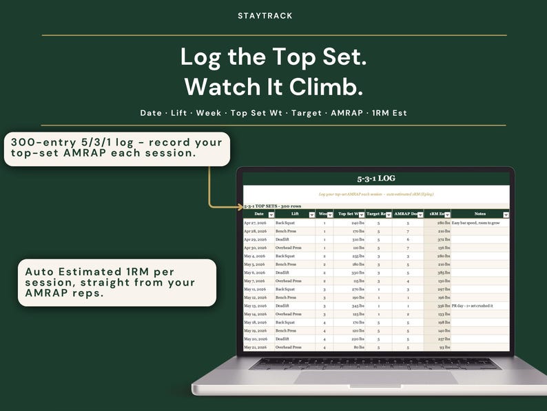 Workout Program Library Spreadsheet | Push Pull Legs, 5-3-1 & Upper Lower Split | Excel + Google Sheets Gym Tracker with 1RM + PR Board image 6