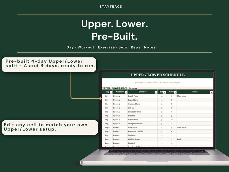Workout Program Library Spreadsheet | Push Pull Legs, 5-3-1 & Upper Lower Split | Excel + Google Sheets Gym Tracker with 1RM + PR Board image 7