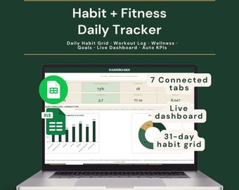 Habit Tracker Excel + Google Sheets | Daily Habit, Fitness & Wellness Tracker | 7 Custom Habits + Dashboard