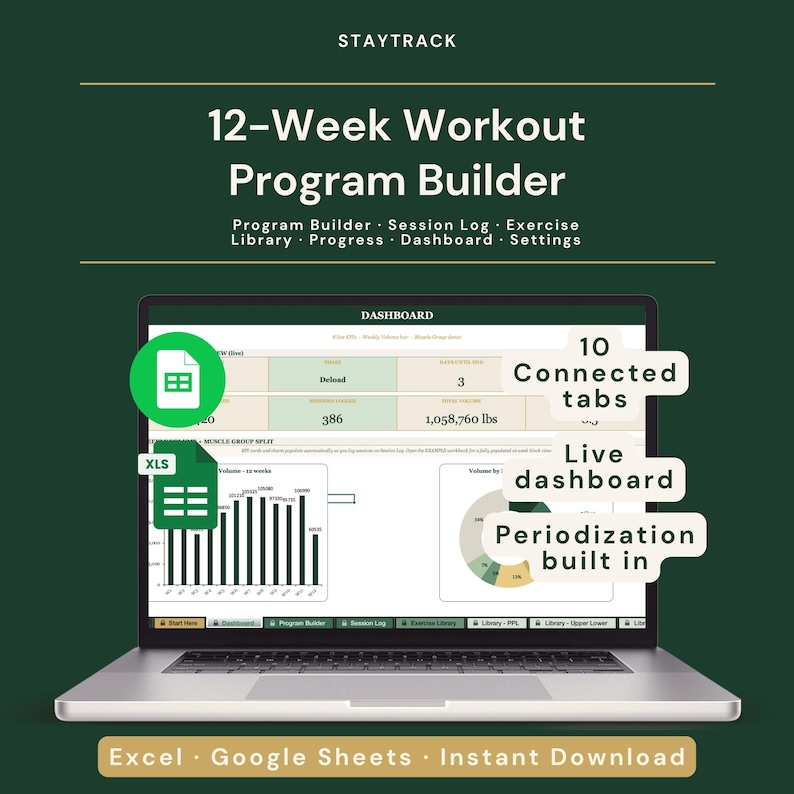 May include: A laptop displays a 12-Week Workout Program Builder interface. The screen shows a dashboard with data visualizations, including charts and numerical values. Text on the screen highlights features like a live dashboard and periodization. The program is for Excel and Google Sheets.