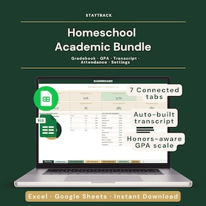 May include: A laptop displays a homeschool academic bundle interface. The screen shows a dashboard with data tables and charts. Text on the screen includes "7 Connected tabs", "Auto-built transcript", and "Honors-aware GPA scale". The image also includes the text "Excel Google Sheets Instant Download".