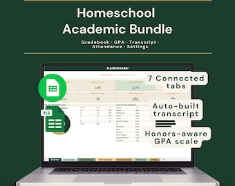 Foglio di calcolo per il registro dei voti a casa, calcolatore della media dei voti (GPA), trascrizione automatica, presenze, foglio di calcolo Excel e Google Sheets per più studenti dalla scuola materna alle superiori.