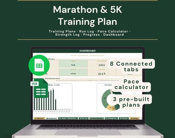 Marathon & 5K Training Plan Spreadsheet | 10K Half Marathon Run Log + Pace Calculator | Google Sheets + Excel