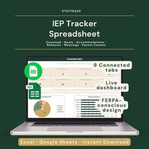 Puede incluir: Un portátil muestra una hoja de cálculo de seguimiento de IEP con el texto "IEP Tracker Spreadsheet". Incluye 9 pestañas conectadas, un panel en vivo y un diseño consciente de FERPA. Compatible con Excel y Google Sheets.