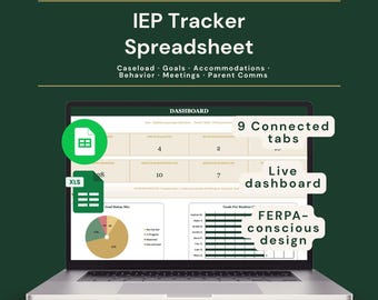 Foglio di calcolo per il monitoraggio del Piano Educativo Individualizzato (PEI) / Gestore dei casi di educazione speciale / Obiettivi + Adattamenti + Comportamento + Incontri / Fogli Google + Excel