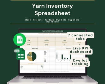 Foglio di calcolo per l'inventario dei filati / Strumento di monitoraggio delle scorte di filati per maglia e uncinetto / Calcolatore di metratura e registro dei lotti di tintura / Excel + Fogli Google
