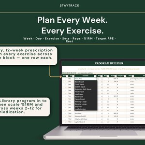 May include: A laptop displaying a workout program with the text "Plan Every Week. Every Exercise." The screen shows a spreadsheet with exercise options and instructions. The image includes the text "500-entry, 12-week prescription grid."