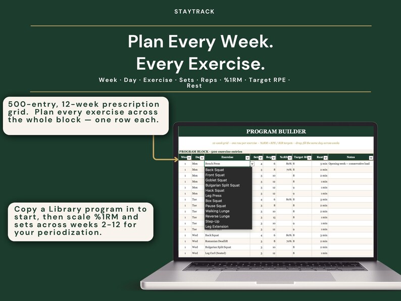 May include: A laptop displaying a workout program with the text "Plan Every Week. Every Exercise." The screen shows a spreadsheet with exercise options and instructions. The image includes the text "500-entry, 12-week prescription grid."
