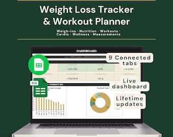 Weight Loss Tracker & Workout Planner Spreadsheet | Calorie + Macro + Gym + Cardio Log | Excel + Google Sheets