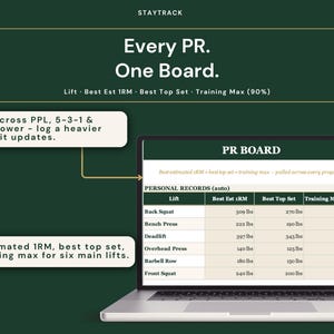 Workout Program Library Spreadsheet | Push Pull Legs, 5-3-1 & Upper Lower Split | Excel + Google Sheets Gym Tracker with 1RM + PR Board image 9
