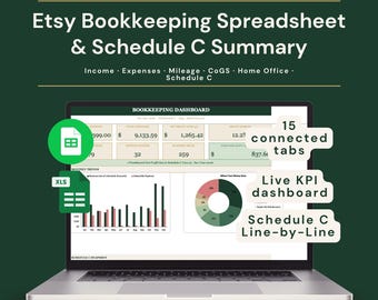Foglio di calcolo per la contabilità dei venditori Etsy / Strumento di monitoraggio del Modulo C, gestione delle spese (Modello 1099), chilometraggio, profitti e perdite / Excel + Fogli Google