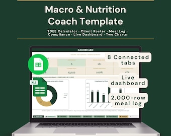 Modello per coach di macro e nutrizione / Calcolatore TDEE + Elenco clienti + Registro pasti + Dashboard di conformità / Excel + Fogli Google