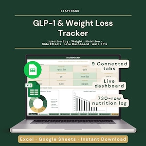 May include: A laptop displays a weight loss tracker with the text "GLP-1 & Weight Loss Tracker." The screen shows a dashboard with data, including weight, nutrition, and side effects. Features include 9 connected tabs, a live dashboard, and a 730-row nutrition log.
