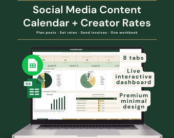Foglio di calcolo per il calendario dei contenuti sui social media / Pianificatore multipiattaforma Instagram TikTok LinkedIn YouTube Pinterest + Tariffe per i creatori