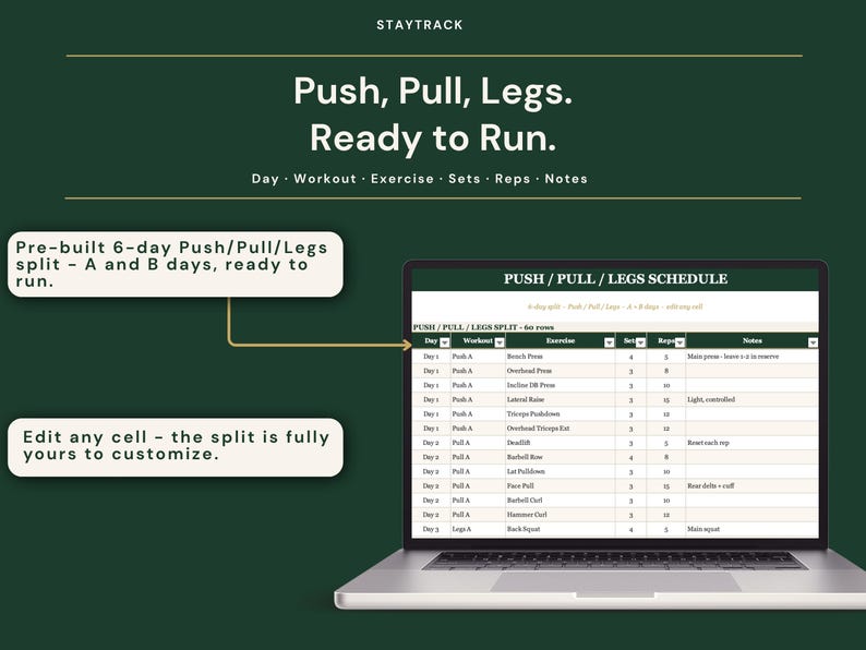 Workout Program Library Spreadsheet | Push Pull Legs, 5-3-1 & Upper Lower Split | Excel + Google Sheets Gym Tracker with 1RM + PR Board image 3