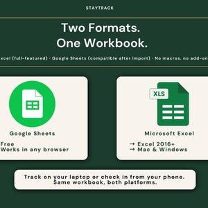 May include: Graphic promoting a workbook compatible with Google Sheets and Microsoft Excel. The image features two green icons representing each platform, with the text "Two Formats. One Workbook." and "Track on your laptop or check in from your phone."
