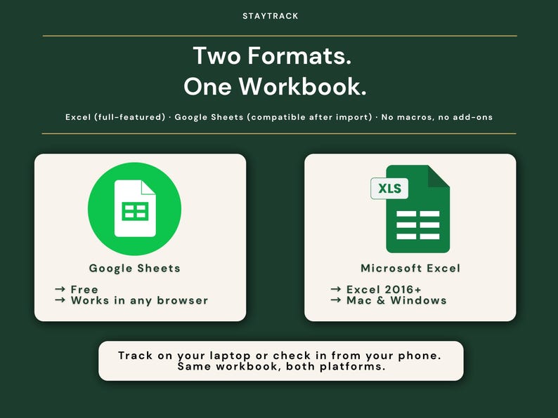 May include: Graphic promoting a workbook compatible with Google Sheets and Microsoft Excel. The image features two green icons representing each platform, with the text "Two Formats. One Workbook." and "Track on your laptop or check in from your phone."