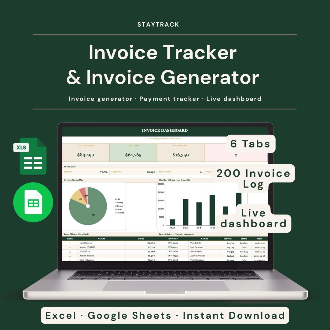 Invoice Tracker + Invoice Generator | Excel + Google Sheets | Auto ...