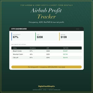 以下が含まれることがあります： ダークグリーンの背景に表示されたデジタルAirbnb Profit Trackerダッシュボード。インターフェースにはOccupancy、ADR、RevPARなどの指標が表示され、Beach Condo、Mountain Cabin、City Loftの純利益追跡データを示す表が含まれています。