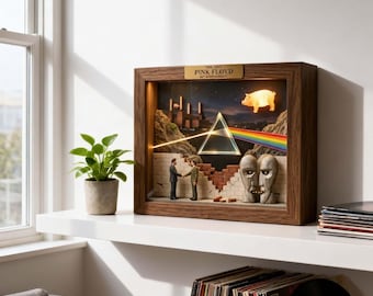 Caja de sombras 3D del 60 aniversario de Pink Floyd, decoración de collage de arte de álbum iluminada, regalo único para fanáticos de la música, diseño de prisma y cerdo volador, iluminación LED.