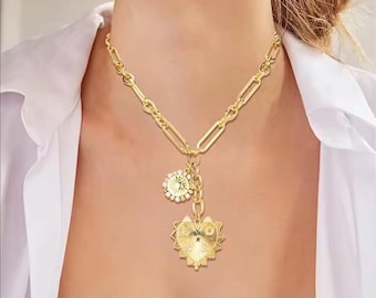 Collar con colgante de cadena gruesa en forma de corazón y sol, chapado en oro de 18k, moderno y a la moda.