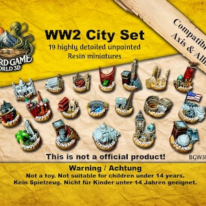 May include: A set of 19 highly detailed unpainted resin miniatures for a WW2 City Set, compatible with Axis & Allies. The collection features small, intricate architectural landmarks from various global cities, each labeled with its respective name.