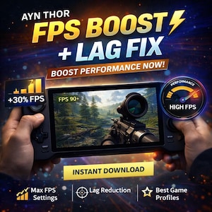 Puede incluir: Imagen que promociona el dispositivo de juego AYN THOR con el texto "FPS BOOST + LAG FIX". El dispositivo muestra un juego de disparos en primera persona. Los gráficos muestran +30% FPS, FPS 90+ y "HIGH FPS". El texto adicional incluye "INSTANT DOWNLOAD", "Max FPS Settings", "Lag Reduction" y "Best Game Profiles".