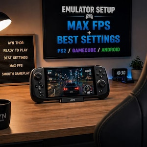 May include: A black handheld gaming console displaying a racing game, resting on a wooden desk. The screen shows a car racing at night. A black mug with "AYN THOR" is on the desk. A sign reads "READY TO PLAY, BEST SETTINGS, MAX FPS, SMOOTH GAMEPLAY".