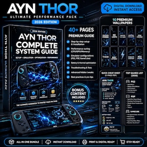 Puede incluir: Un paquete de descarga digital para la consola de juegos portátil AYN THOR. El paquete incluye una guía del sistema, una hoja de trucos, fondos de pantalla y una lista de los mejores juegos. La guía cubre la configuración, la emulación, la optimización y el rendimiento.