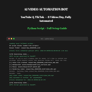 Könnte beinhalten: Ein dunkler Bildschirm zeigt Text über KI-Videoautomatisierung, einschließlich YouTube- und TikTok-Videoerstellung. Der Text hebt Funktionen wie automatisierte Videogenerierung, Python-Skriptverwendung und eine vollständige Einrichtungsanleitung hervor. Der Bildschirm zeigt auch Code und Skriptdetails.