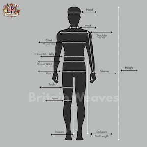 Puede incluir: Un diagrama de medidas corporales para ropa. La imagen presenta una silueta negra con puntos de medici&oacute;n como pecho, cintura, caderas y entrepierna. Flechas indican las &aacute;reas de medici&oacute;n, con el texto "Britain Weaves" en la parte inferior.