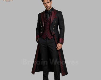Victorian Gothic Tailcoat Men, Black Red Embroidered Suit, Steampunk Tuxedo, Gothic Wedding Outfit, Luxury Mens Suit