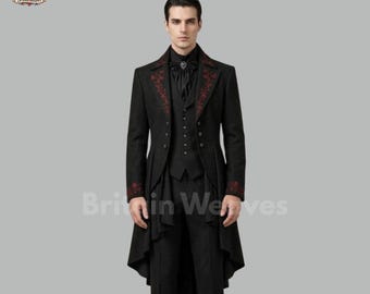 Mens Black Gothic Tailcoat Suit Victorian Wedding Suit Red Embroidered Formal Tailcoat Steampunk Groom Outfit