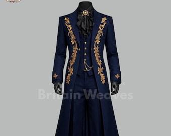 Traje de frac victoriano gótico azul marino, abrigo real bordado en oro, esmoquin steampunk para boda, traje hecho a medida