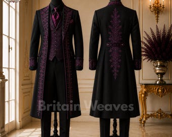 Men's Black Victorian Tailcoat Suit, Purple Embroidered Regency Wedding Suit, Gothic Groom Formal Tuxedo, Custom Three Piece Suit
